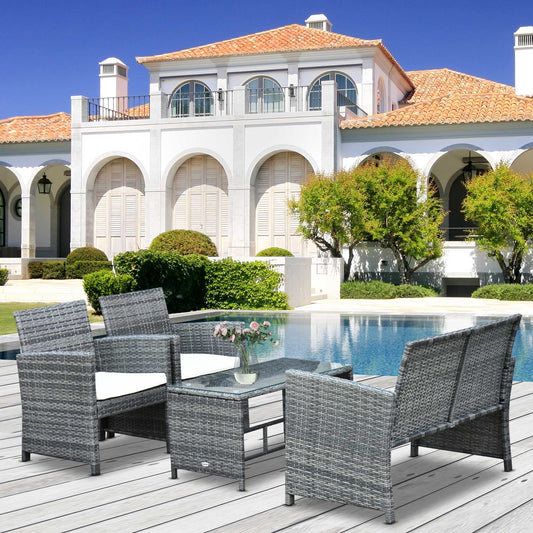 4 Piece Patio Furniture Set with Cushions, Outdoor PE Rattan Wicker Conversation Sofa Set with Glass Top Coffee Table and Loveseat, for Garden, Balcony, Cream White - Gallery Canada