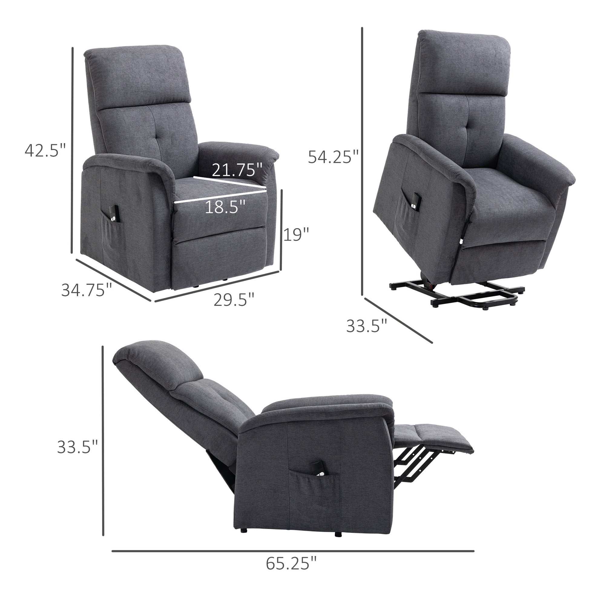 Power Lift Chair Electric Recliner Sofa for Elderly with Remote Control &; Side Pocket for Living Room, Grey Electric Power Lift Chairs   at Gallery Canada