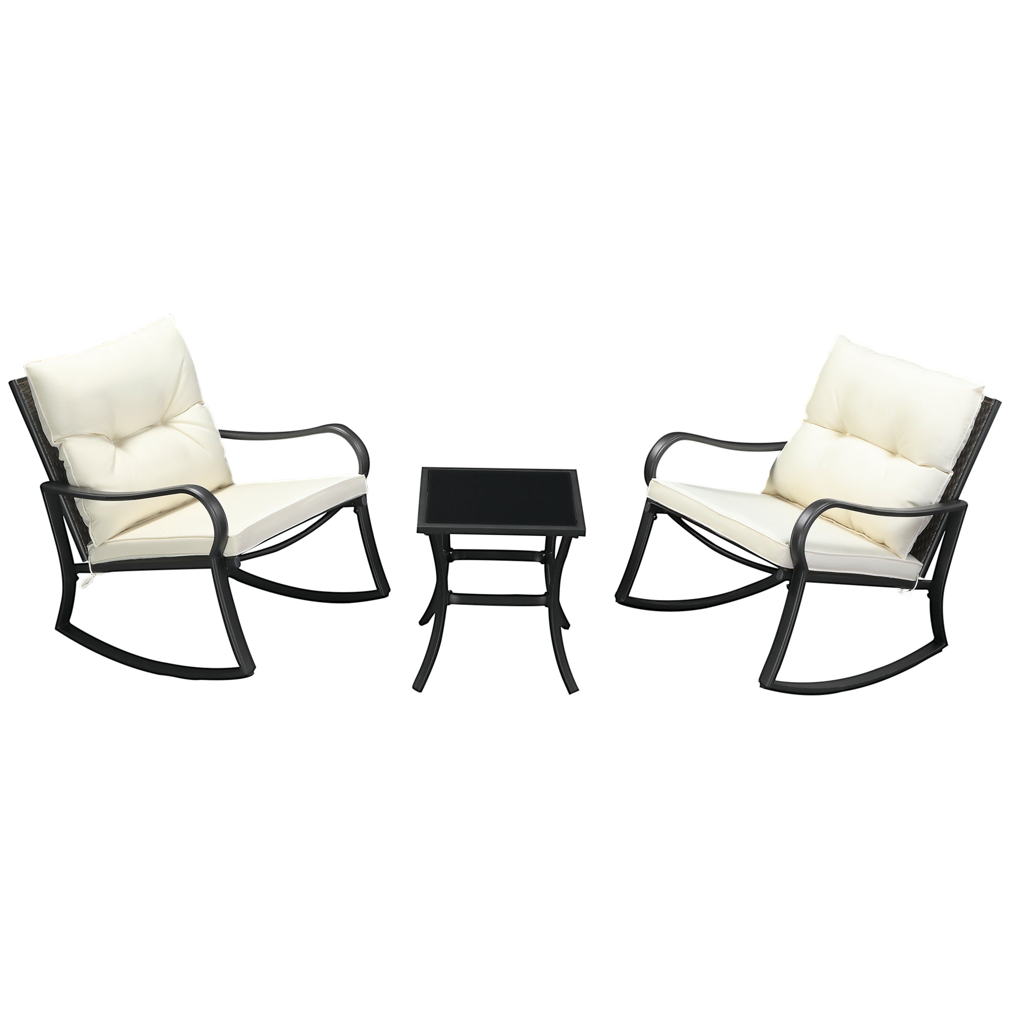 Outdoor PE Rattan Rocking Chair Set with Cushions & Table, Cream White Outdoor Rocking Chairs Multi Colour  at Gallery Canada