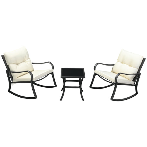 Outdoor PE Rattan Rocking Chair Set with Cushions & Table, Cream White