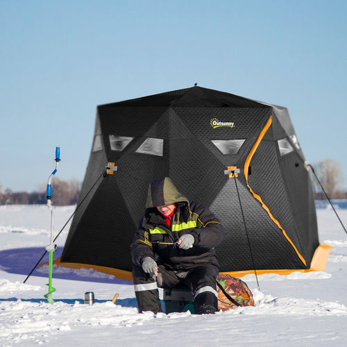 4 Person Insulated Ice Fishing Shelter, Pop-Up Portable Ice Fishing Tent with Carry Bag, Two Doors and Anchors for -22℉, Black and Orange