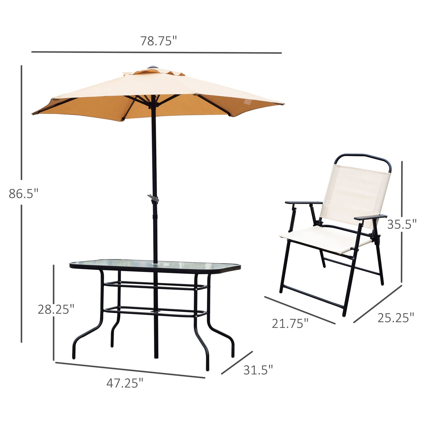 8pc Patio Garden Texteline Dining Set Outdoor Bistro Furniture 6 Folding Chairs with Table and Umbrella Beige Outdoor Dining Sets   at Gallery Canada