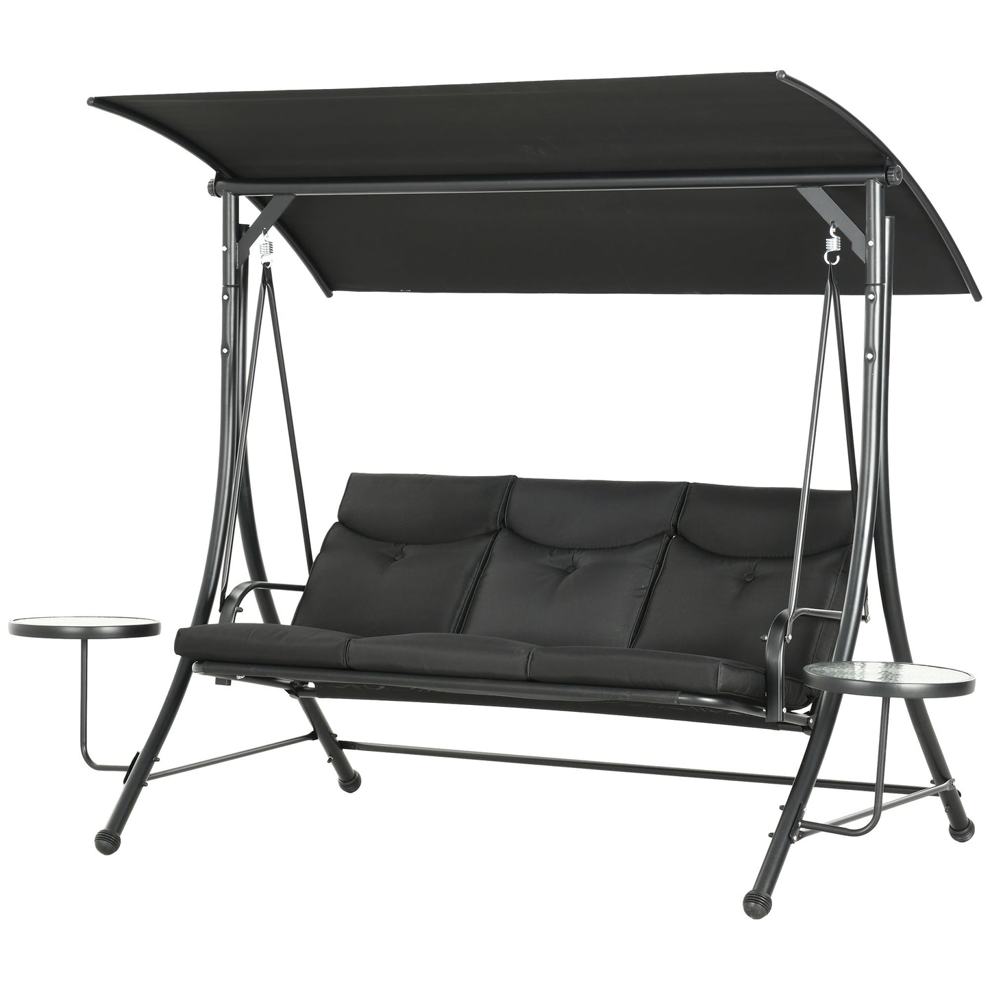 3 Seat Outdoor Swing Chair Steel Swing Bench Porch Swing With Adjustable Canopy &; Coffee Tables &; Cushion for Patio Garden, Black Patio Swings with Stand Black  at Gallery Canada