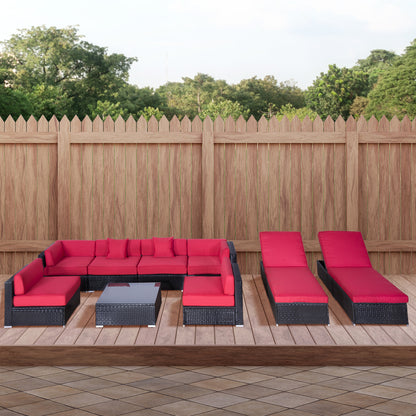 9-Piece Wicker Patio Furniture Set with Cushions, Loungers, Glass Table, Coffee/Red Patio Furniture Sets   at Gallery Canada