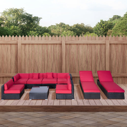 9-Piece Wicker Patio Furniture Set with Cushions, Loungers, Glass Table, Coffee/Red