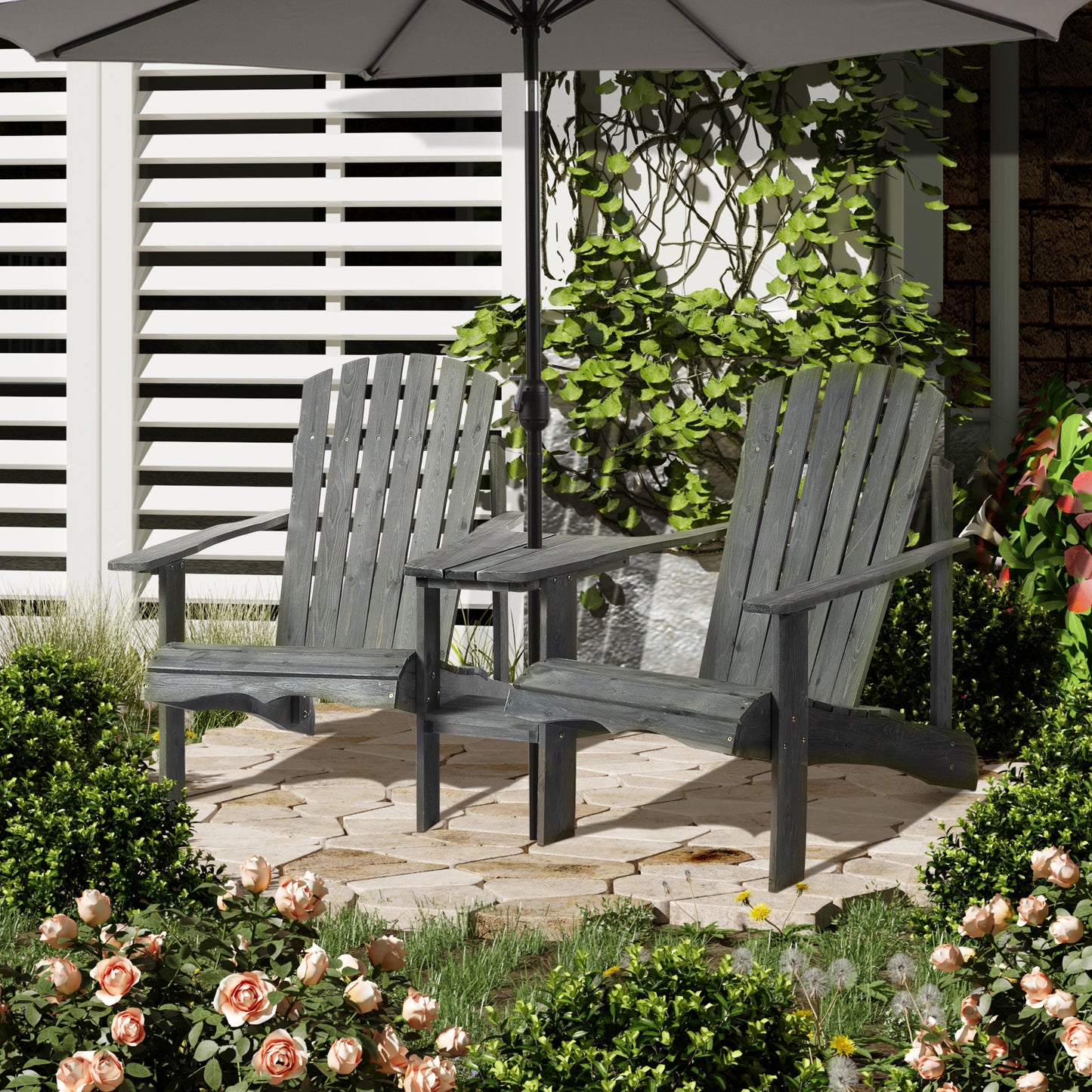 Double Wooden Adirondack Chair with Middle Table, Outdoor Patio Porch Tete-A-Tete Bench Two Seater w/ Umbrella Hole, Grey Patio Chairs   at Gallery Canada