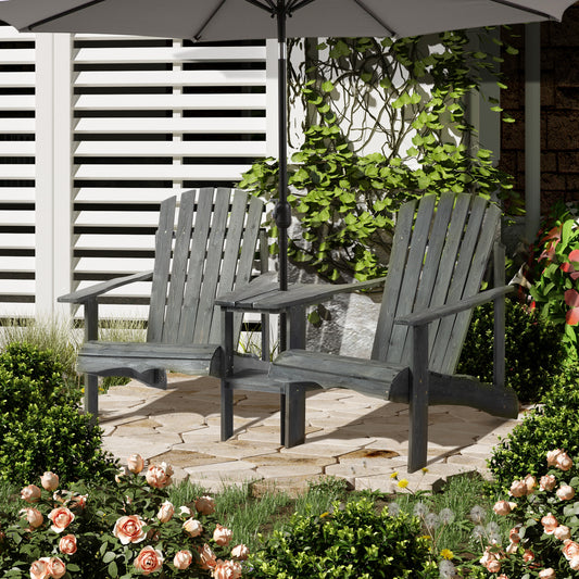 Double Wooden Adirondack Chair with Middle Table, Outdoor Patio Porch Tete-A-Tete Bench Two Seater w/ Umbrella Hole, Grey Patio Chairs Grey  at Gallery Canada