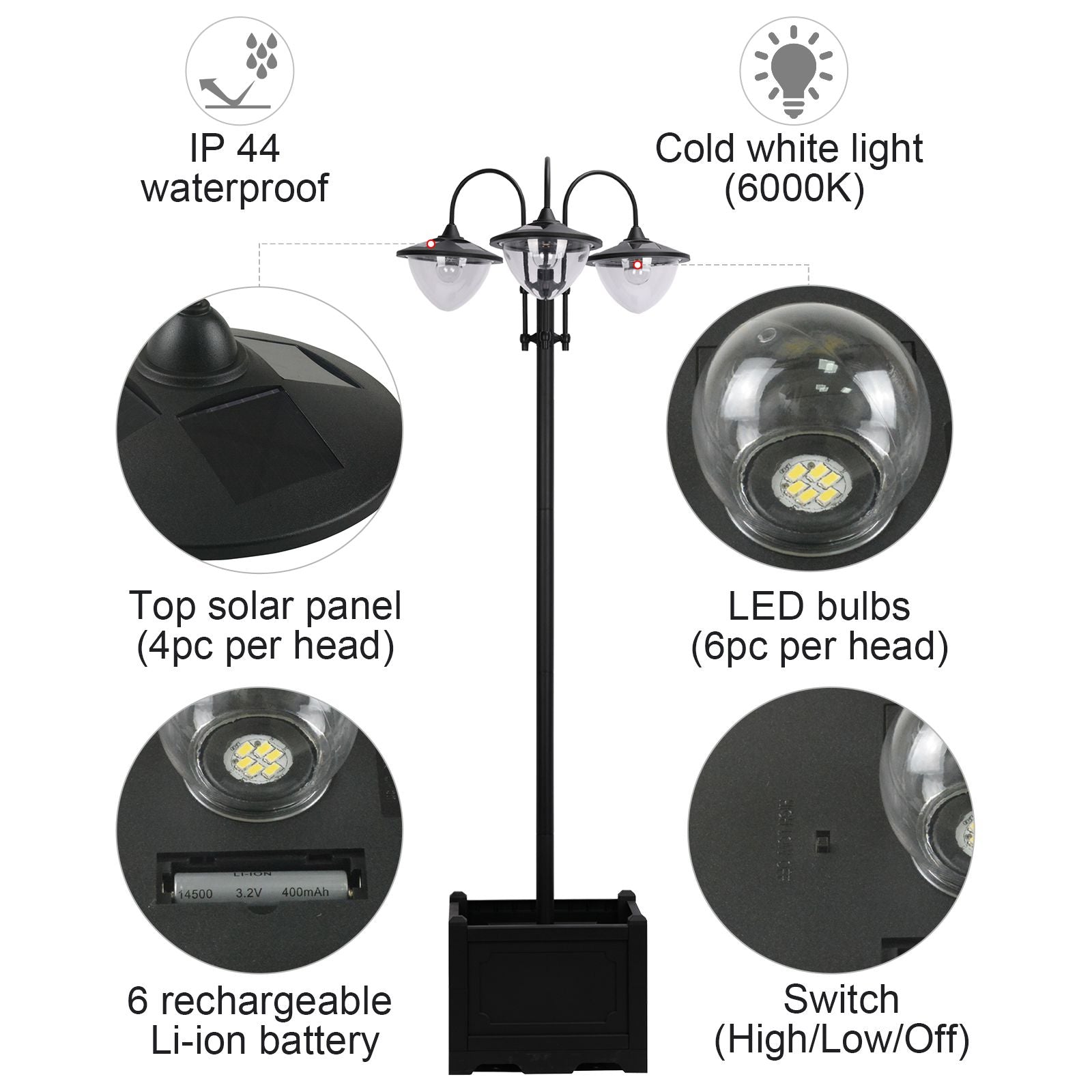 3-head LED Solar Light Lamp Street Light Post with Planter, Solar-powered Lamp Post, Black Solar Post Lamps   at Gallery Canada