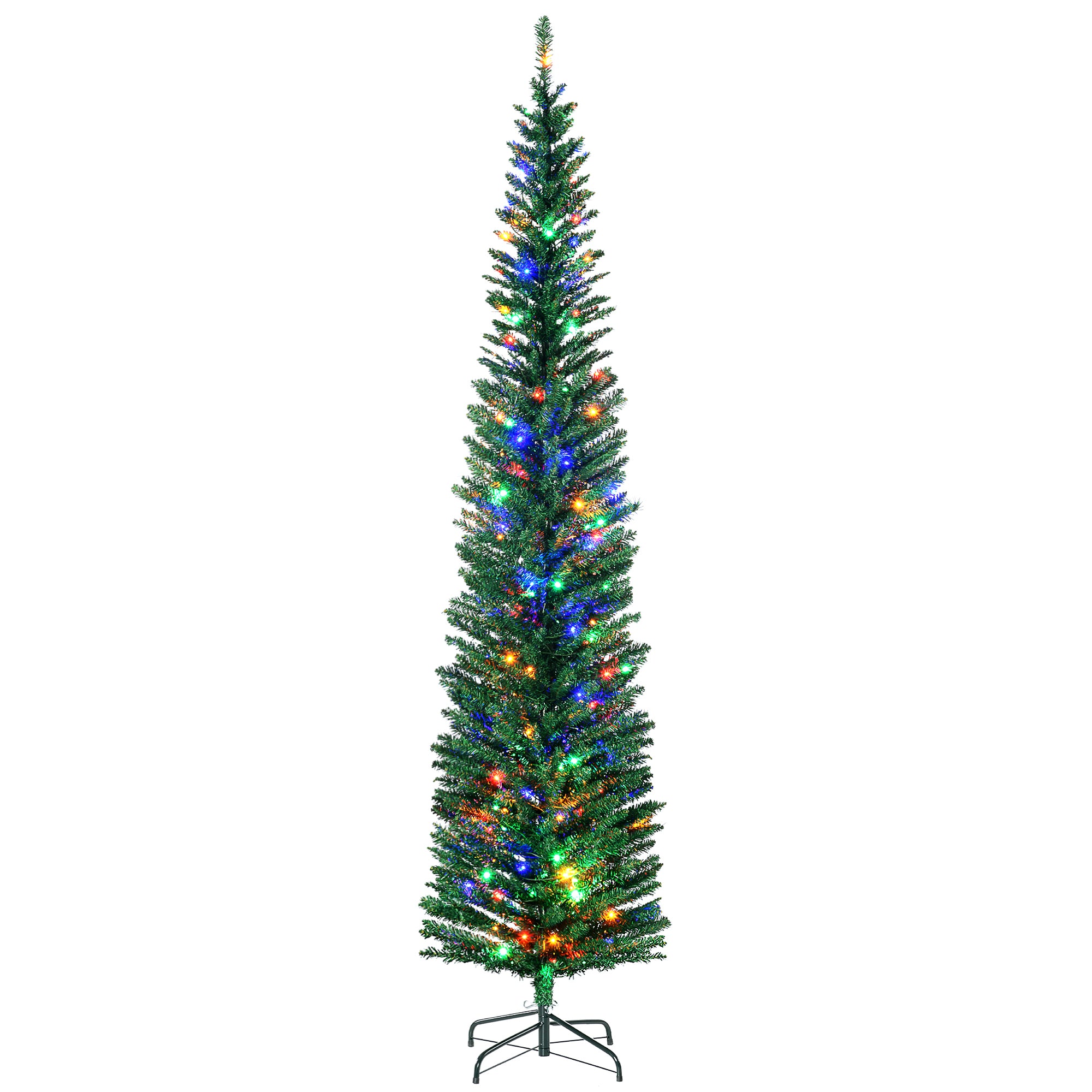 7.5' Artificial Pencil Christmas Trees Holiday Decoration with Colourful LED Lights, Steel Base, Skinny Shape Pencil Christmas Trees Green  at Gallery Canada