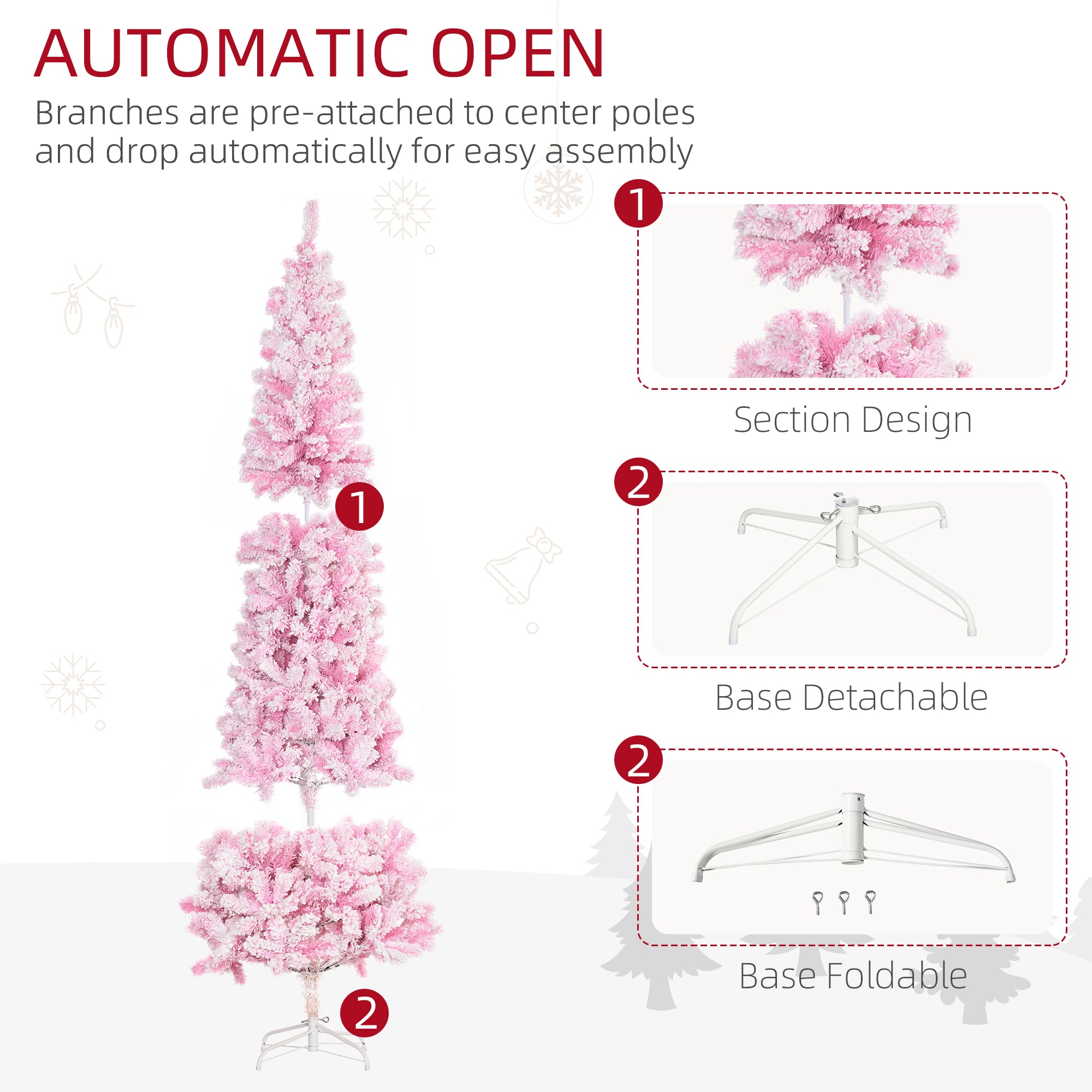 7.5 FT Snow Flocked Artificial Christmas Tree, Pencil Xmas Tree with Realistic Branches, Auto Open and Steel Base, Pink Pencil Christmas Trees   at Gallery Canada