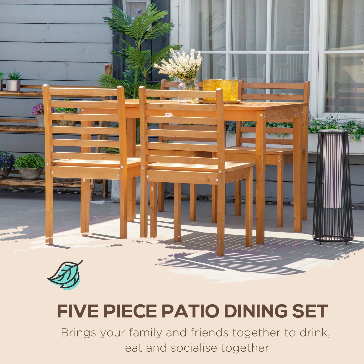 5 Pieces Patio Dining Set for 4, Wooden Outdoor Table and Chairs with Slatted Design for Garden, Patio, Backyard, Orange Outdoor Dining Sets   at Gallery Canada