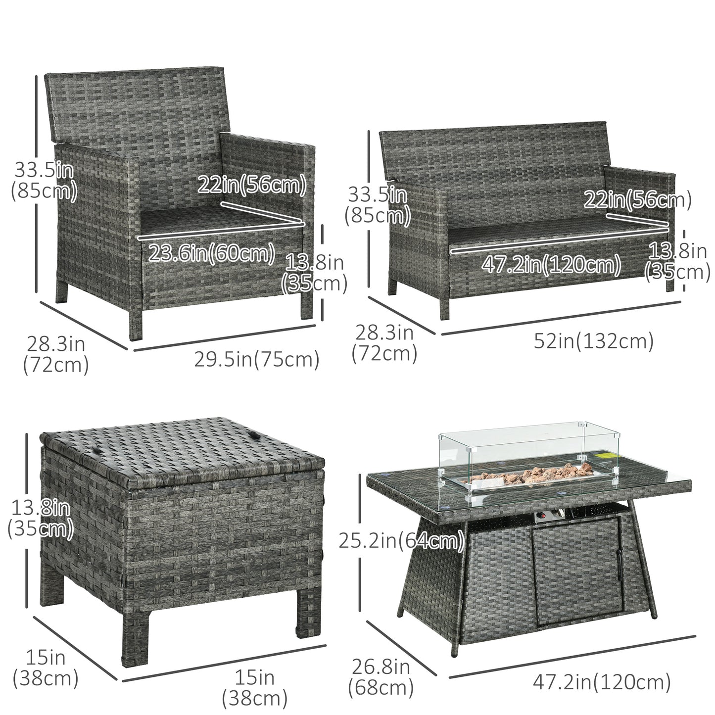 50,000 BTU Gas Fire Pit Patio Set, PE Rattan Sofa & Dining Table, Grey Patio Furniture Sets   at Gallery Canada