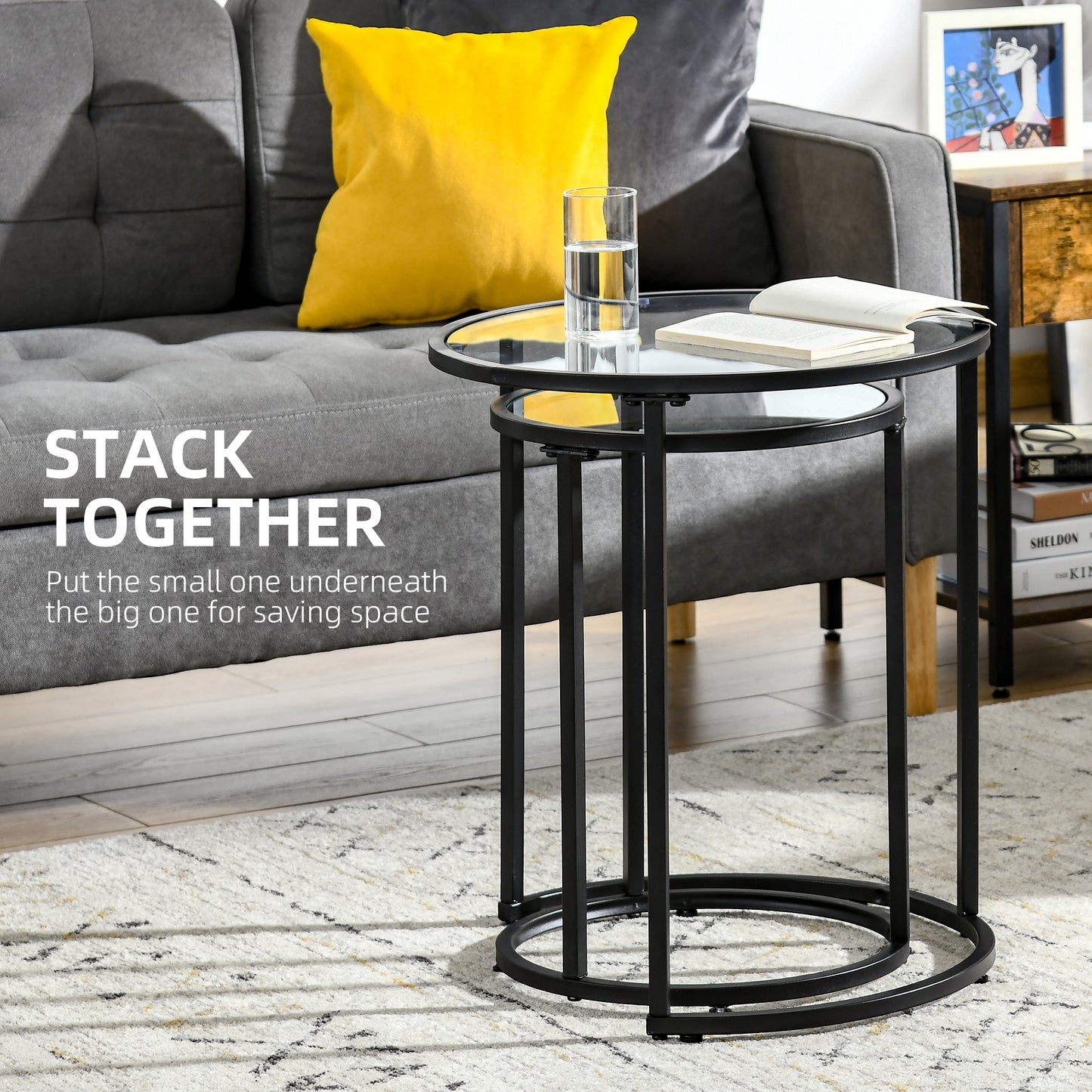 Set of 2 Nesting Coffee Tables with Metal Base, Round Side Table with Tempered Glass Tabletop for Living Room, Bedroom, Black Side Tables   at Gallery Canada