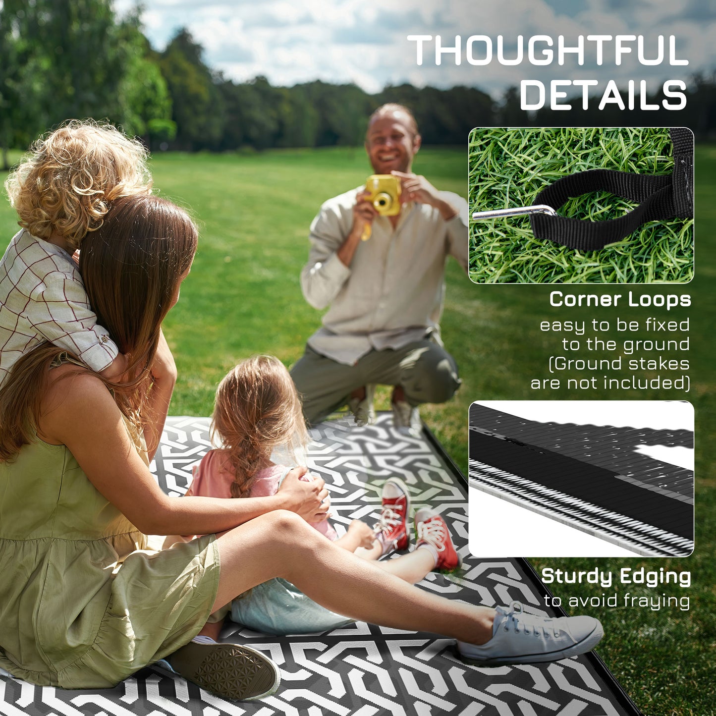 Reversible Outdoor Rug Waterproof Plastic Straw RV Rug with Carry Bag, 9' x 12', Black and White Chain Outdoor Reversible Rugs   at Gallery Canada