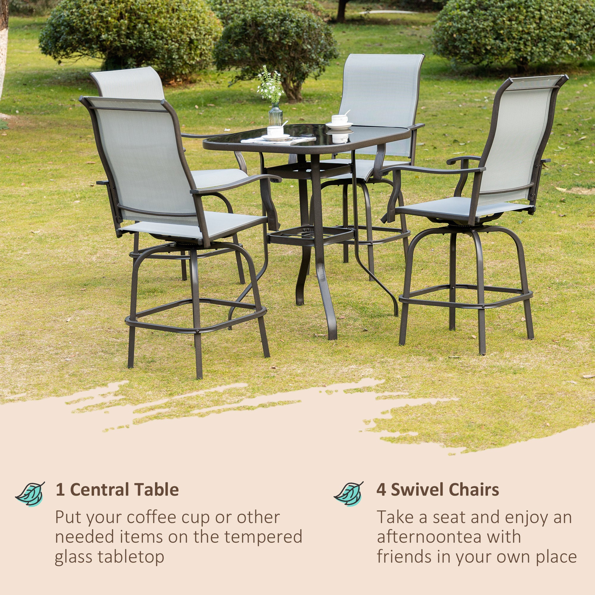 5 Pieces Patio Furniture Set, Outdoor Garden Conversation Set with Tempered Glass Table, 4 Swivel Chairs and Umbrella Hole, Grey Bistro Sets   at Gallery Canada