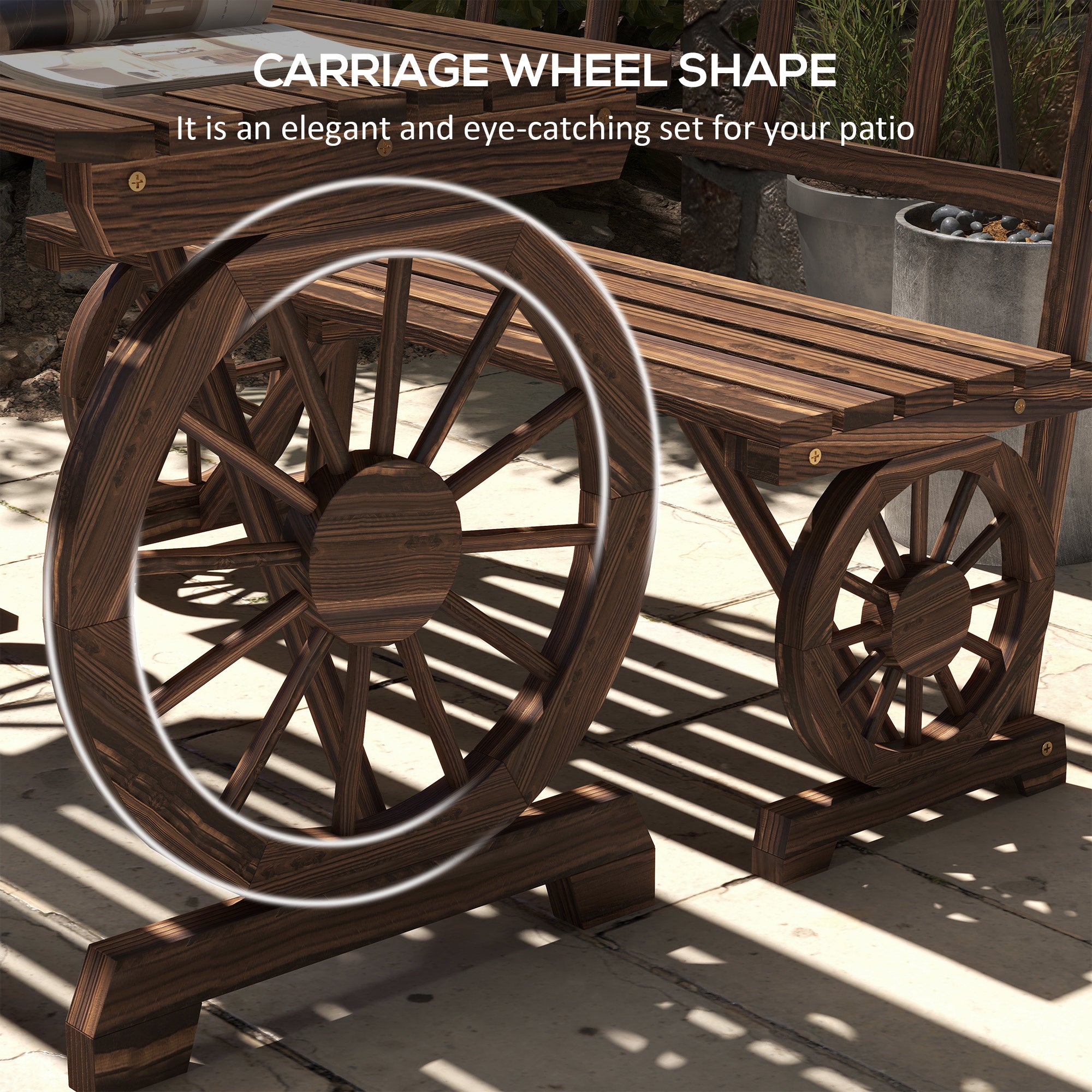 Wooden Patio Table and Chairs for 4 People 3-Piece Carriage Wheels Design for Porch, Backyard, Balcony, Carbonized Bistro Sets   at Gallery Canada