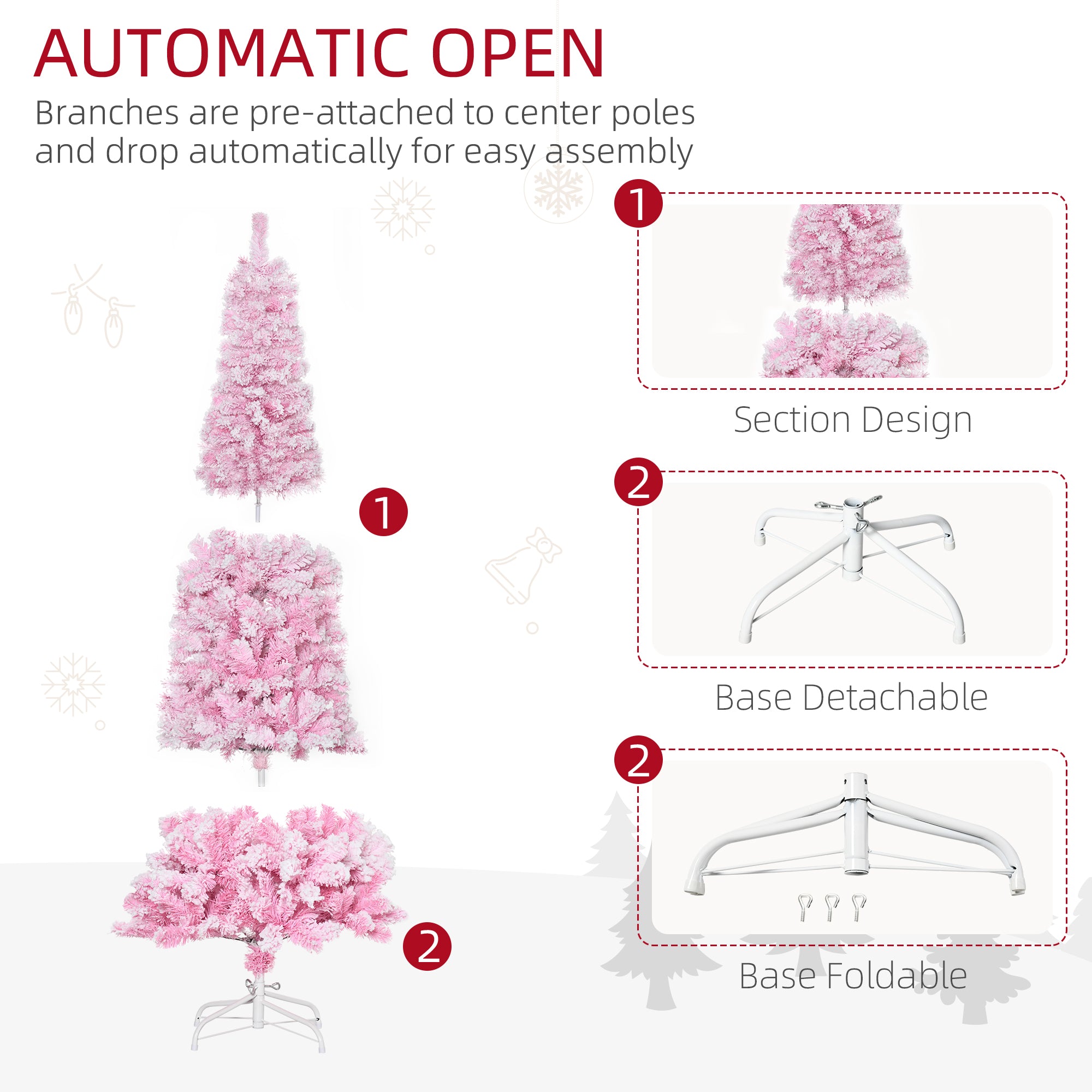 6 FT Snow Flocked Artificial Christmas Tree, Pencil Xmas Tree with Realistic Branches, Auto Open and Steel Base, Pink Artificial Christmas Trees   at Gallery Canada