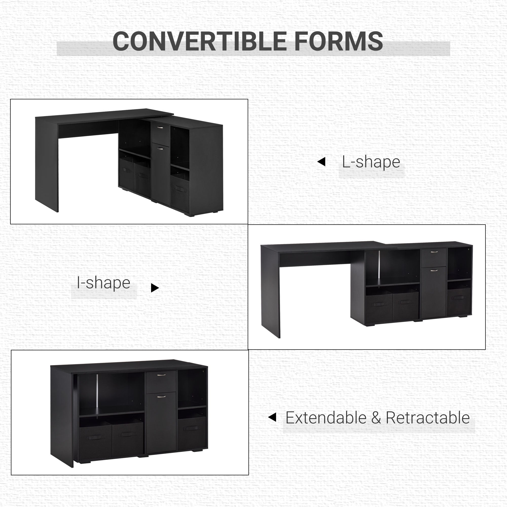 Convertible L-Shaped Computer Desk, Corner Table wth 3 Fabric Storage Boxes, Retractable Home Office Desk, Black Writing Desks   at Gallery Canada