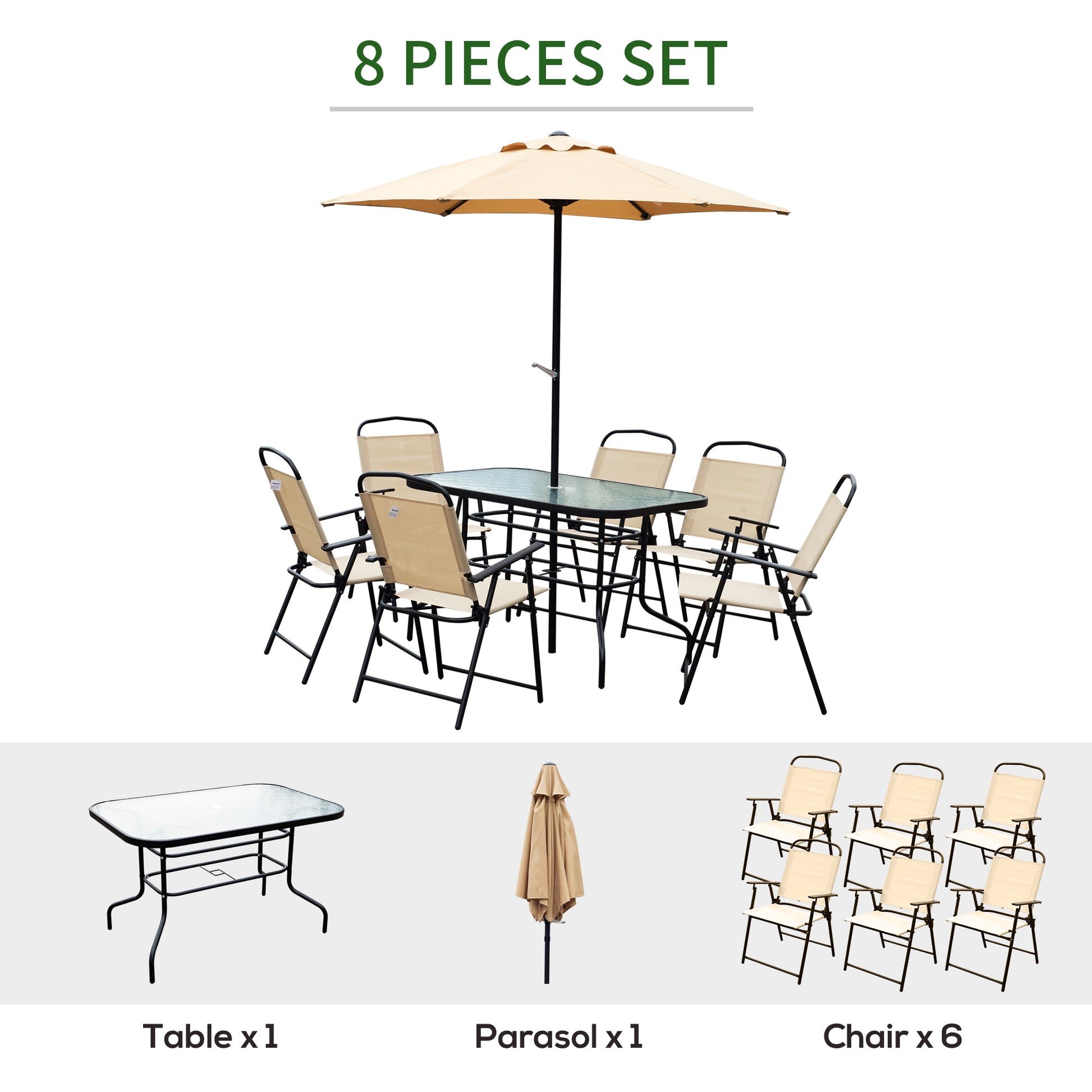 8pc Patio Garden Texteline Dining Set Outdoor Bistro Furniture 6 Folding Chairs with Table and Umbrella Beige Outdoor Dining Sets   at Gallery Canada