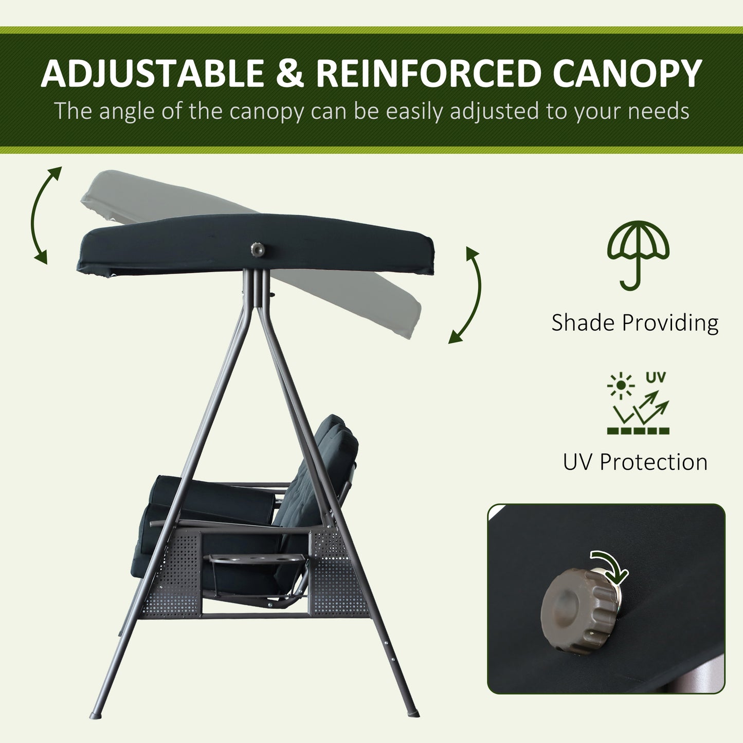 Outdoor Patio 3-Person Steel Canopy Cushioned Seat Bench Swing with Included Side Trays &; Padded Comfort, Black Patio Swings with Stand   at Gallery Canada