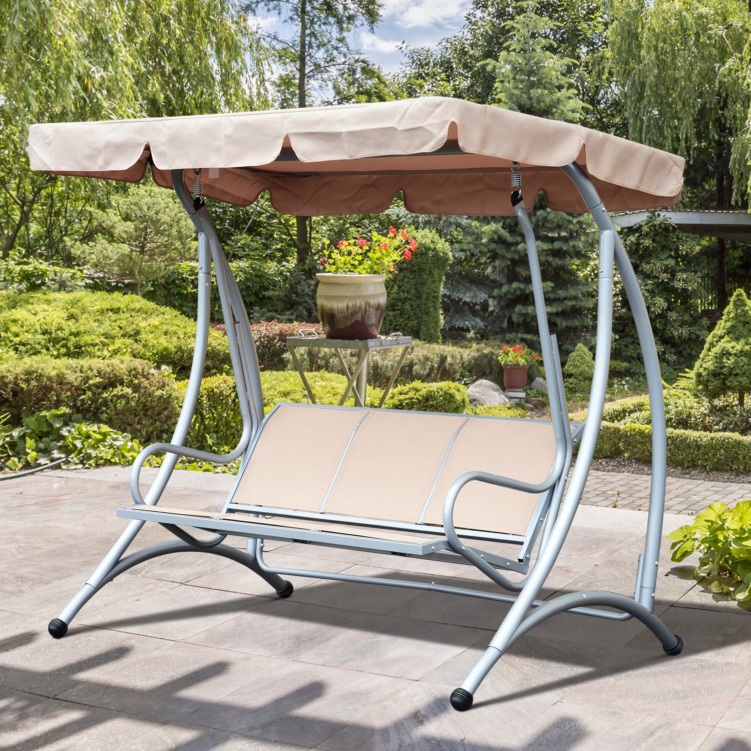 3 Seat Metal Swing Chair Hammock w/ Canopy Cover Heavy Duty Patio Garden Outdoor Beige Patio Swings with Stand   at Gallery Canada