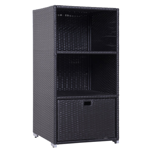 Rattan Wicker Outdoor Storage Cabinet with Shelf and Drawer, Dark Brown