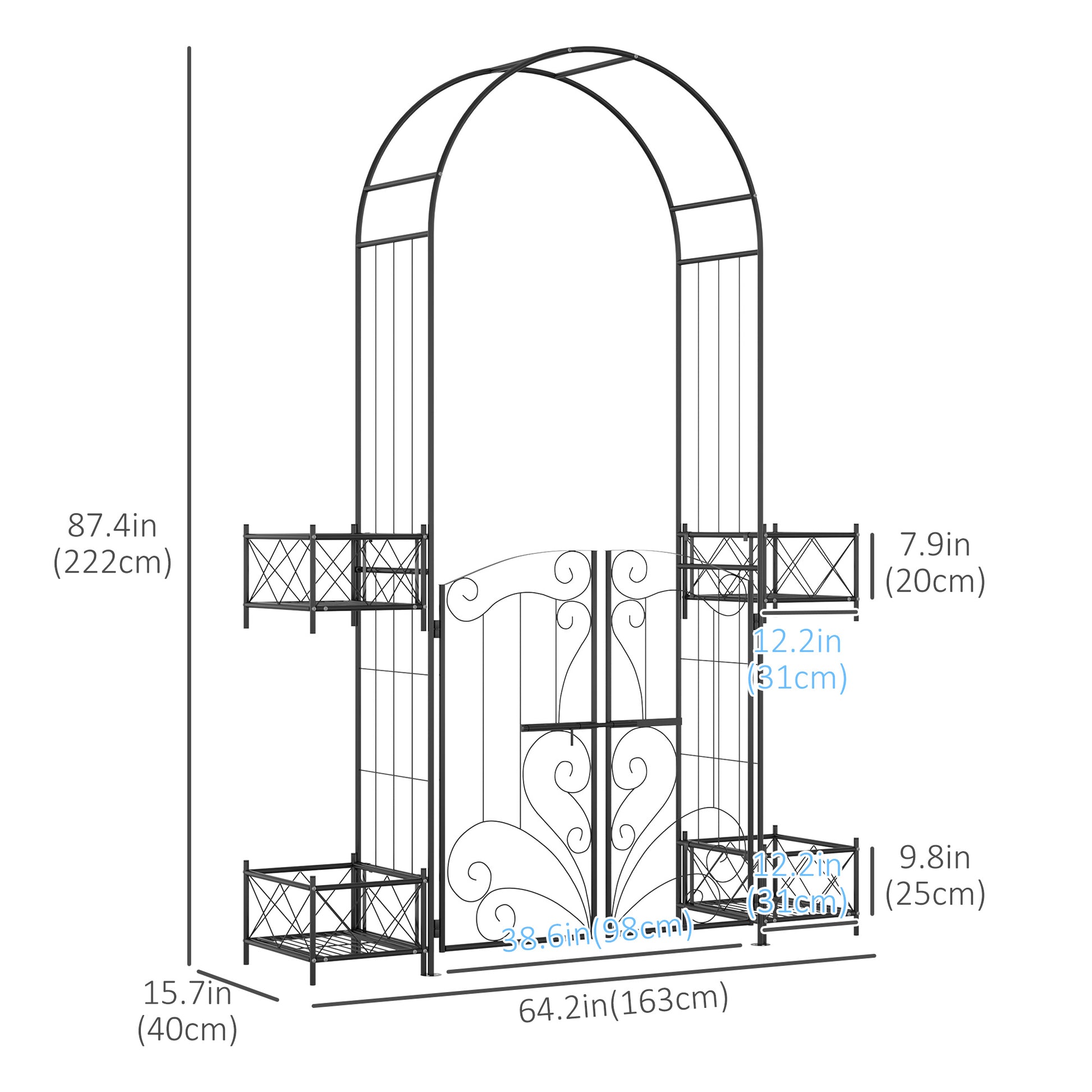 7.1FT Metal Garden Arch with Gate and 4 Planter Boxes, Garden Arbor Trellis for Climbing Plants, Outdoor Wedding, Decoration, Bridal Party, Black Garden Arches   at Gallery Canada