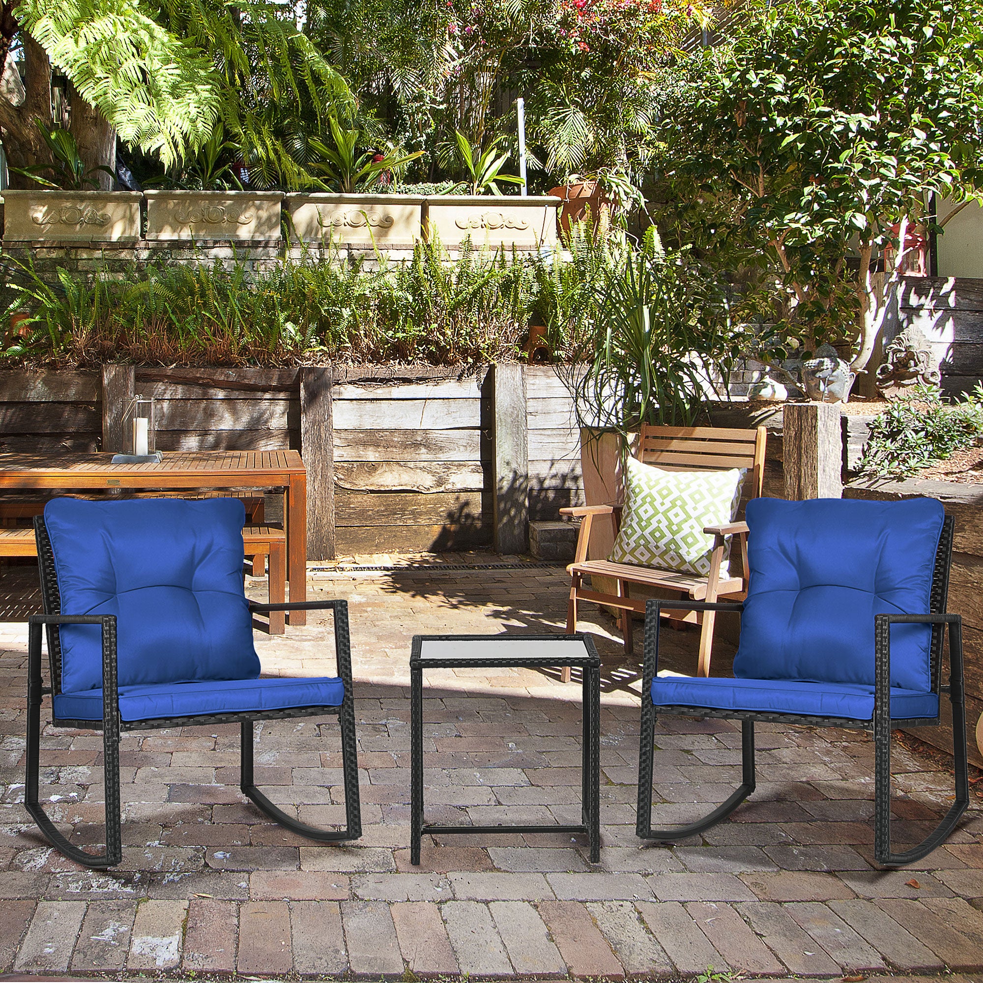 Outdoor Wicker Rocking Bistro Set with Cushions and Glass Table, Blue Outdoor Rocking Chairs   at Gallery Canada