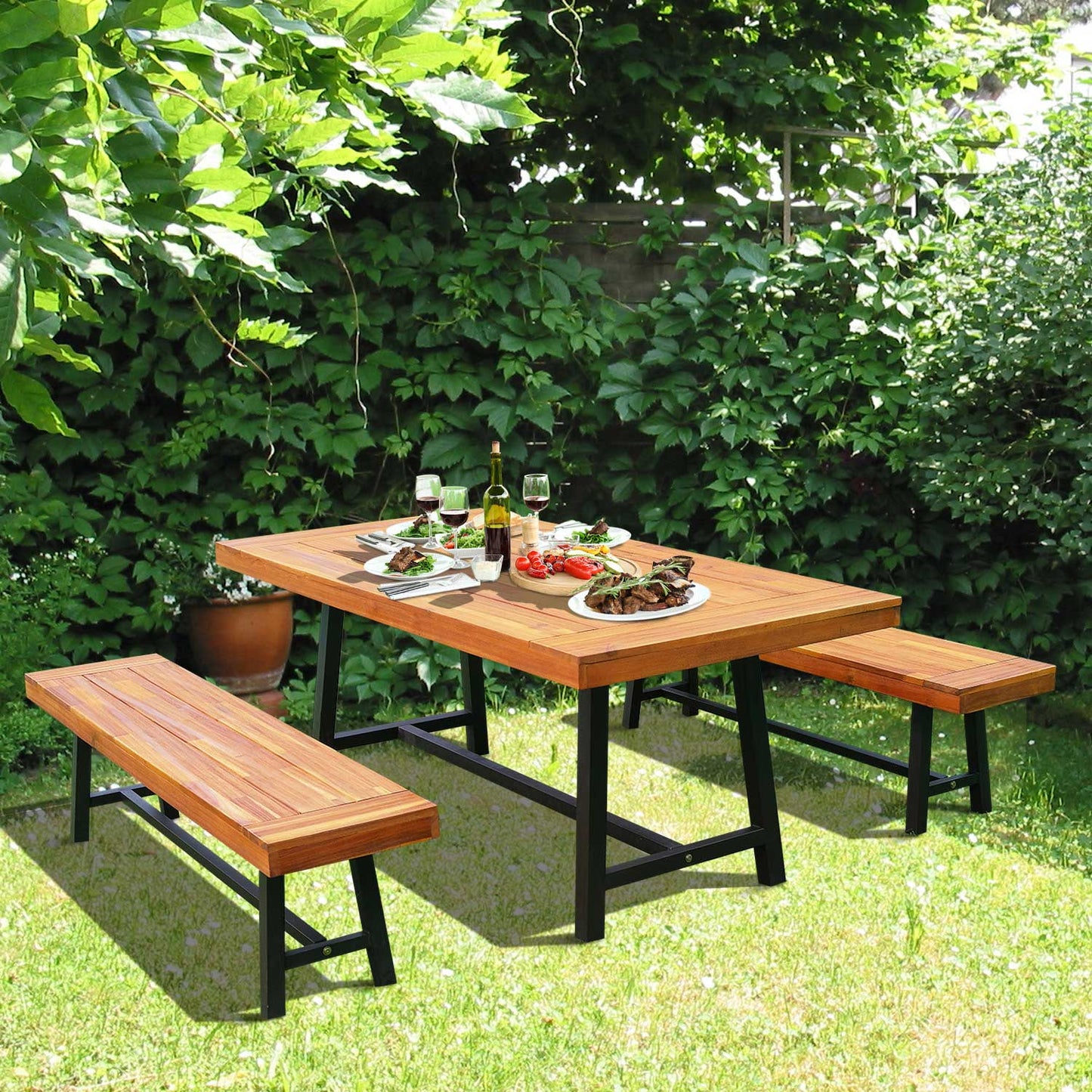 71'' Outdoor Picnic Table and Bench Set, Rustic Acacia Wood Beer Table Set for Patio, Backyard, Poolside, Natural Red Wood Bistro Sets   at Gallery Canada