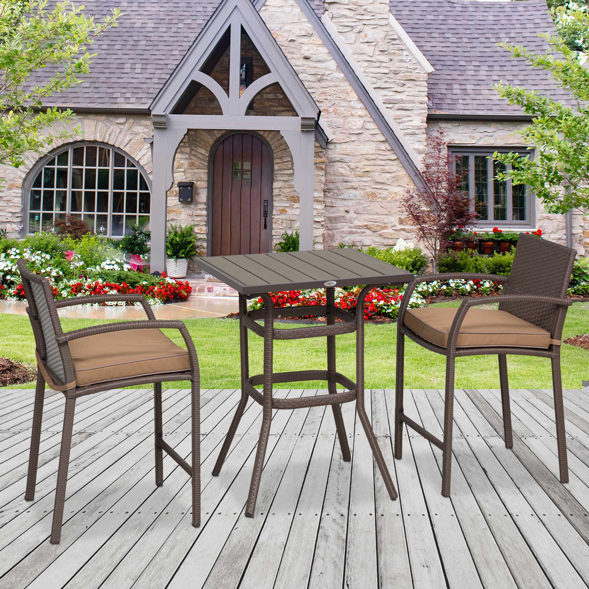 3 Pieces Outdoor Wicker Bistro Bar Set Garden PE Rattan Bar Table and Stools with Seat Cushion, Khaki Bistro Sets   at Gallery Canada