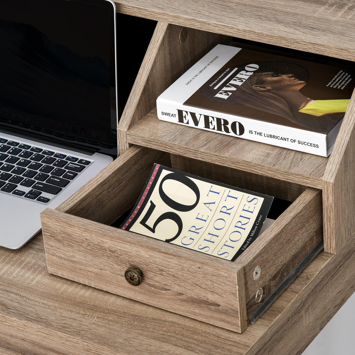 Rectangle Computer Desk with Display Shelves Drawers Home Office Table Workstation Natural Wood Grain Computer Desks   at Gallery Canada