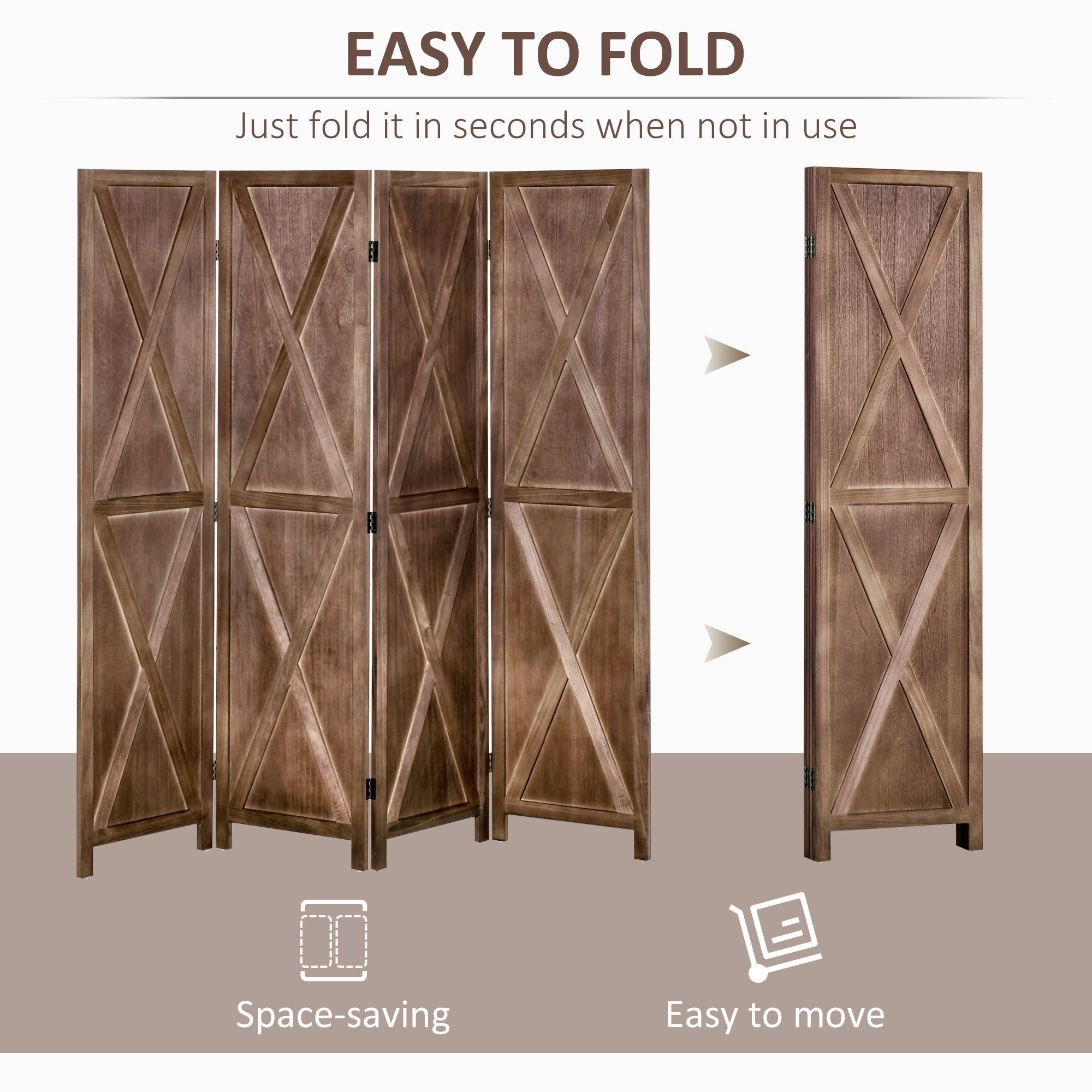 4-panel Wall Partition Farmhouse Room Separator with Foldable Design Wooden Frame 5.6FT, Walnut Room Dividers   at Gallery Canada