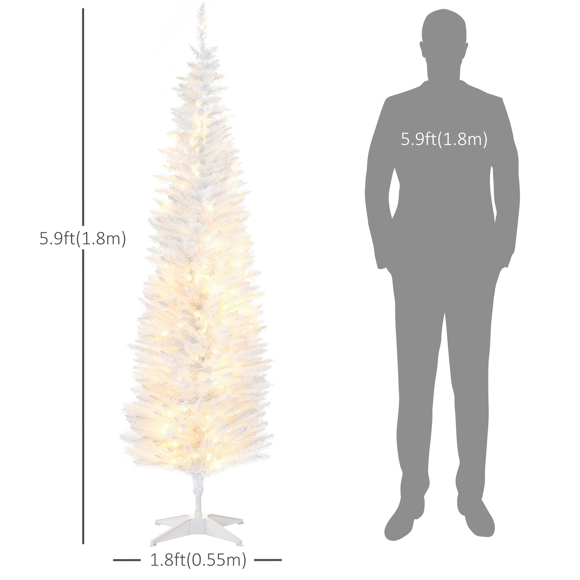 6' Pre Lit Artificial Pencil Christmas Trees, Xmas Tree with Realistic Branches and Warm White LED Lights, White Pencil Christmas Trees   at Gallery Canada