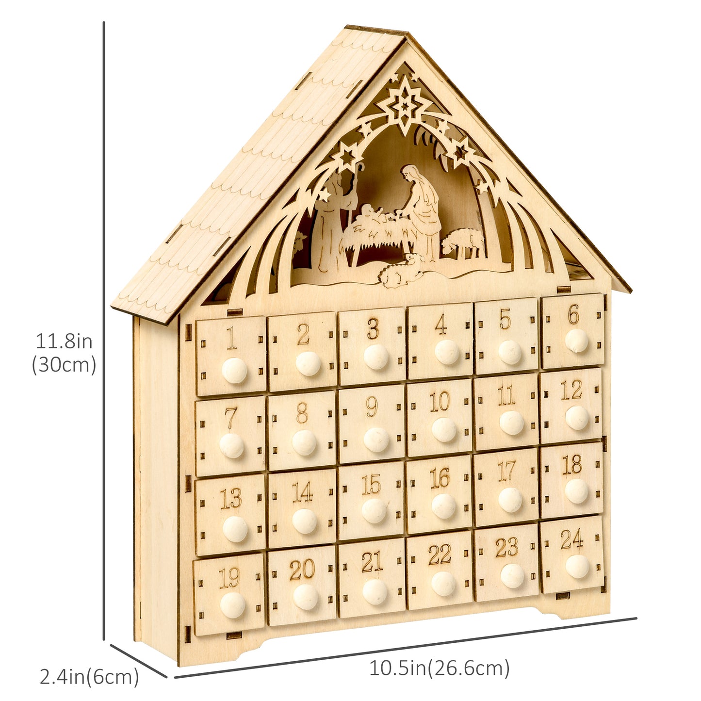 Lighted Wooden Advent Calendar House with 24 Countdown Drawers, Battery Operated, Natural Christmas Advent Calendars   at Gallery Canada