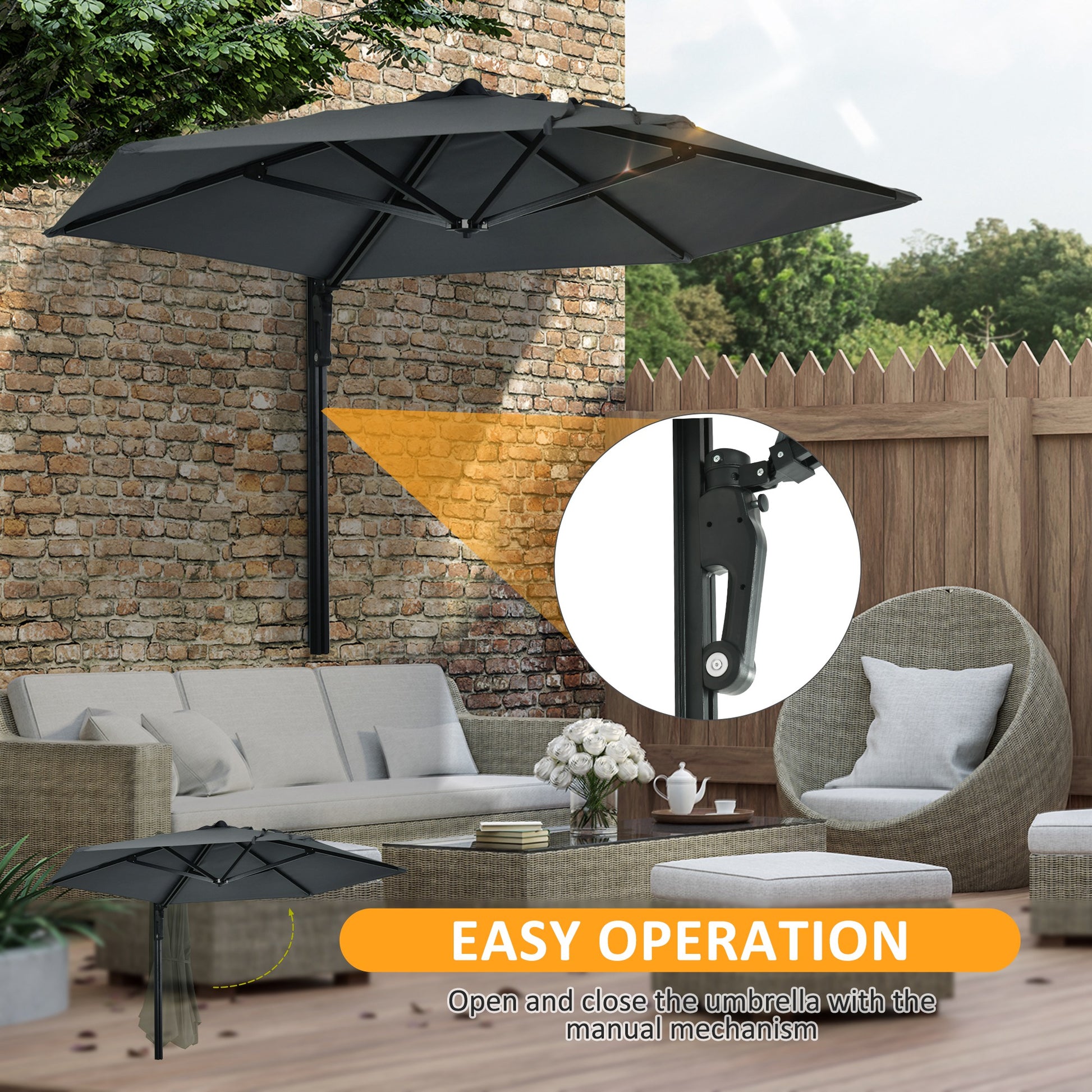 8 ft Wall Mounted Umbrella with 180° Rotatable Canopy, Patio Wall Parasol for Outdoor, Garden, Balcony, Yard, Dark Grey Sun Umbrellas   at Gallery Canada