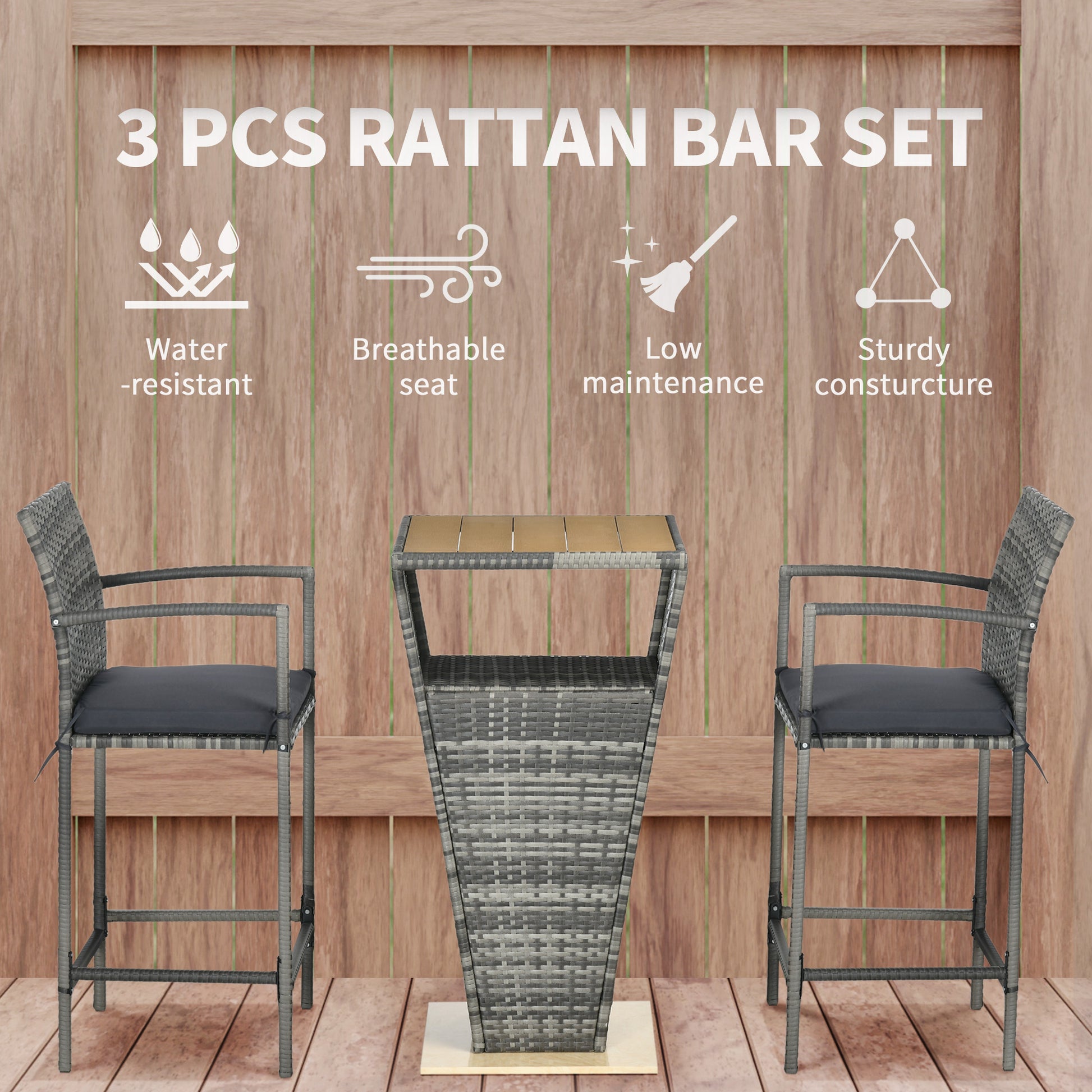 3 Pieces Patio Bar Set, Wicker Bistro Set, PE Rattan Bar Table and Chairs with Soft Padded Cushions, Storage Shelf, Wood Grain Plastic Top, Mixed Gray Bistro Sets   at Gallery Canada