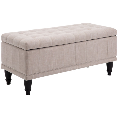 Storage Ottoman, Linen Fabric End of Bed Bench with Soft Close Lid, Button Tufted Storage Bench for Living Room, Entryway or Bedroom, Beige