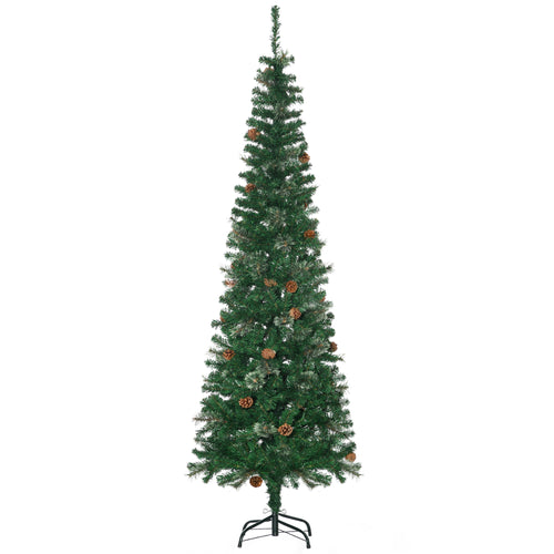 6.5ft Pencil Christmas Tree, Artificial Christmas with Pine Needles, Realistic Branches, Pine Cones, Metal Base, Green