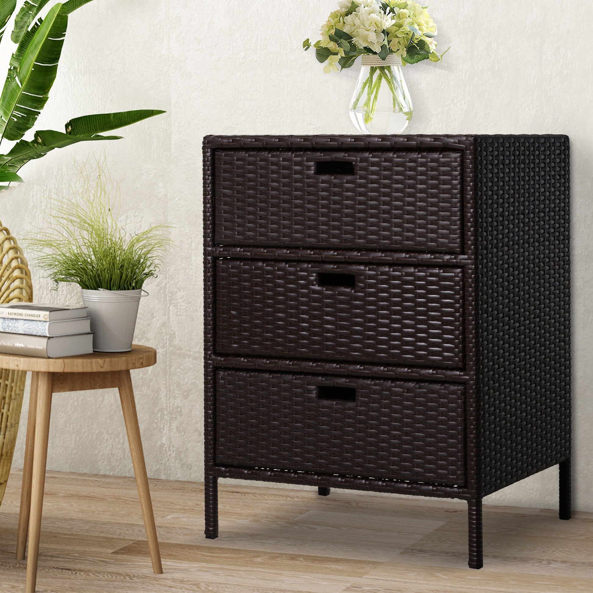 32" Poolside Rattan Wicker Patio Organizer Storage Cabinet Bathroom Storage w/ 3 Large Drawers Garden Outdoor Patio Storage Boxes   at Gallery Canada