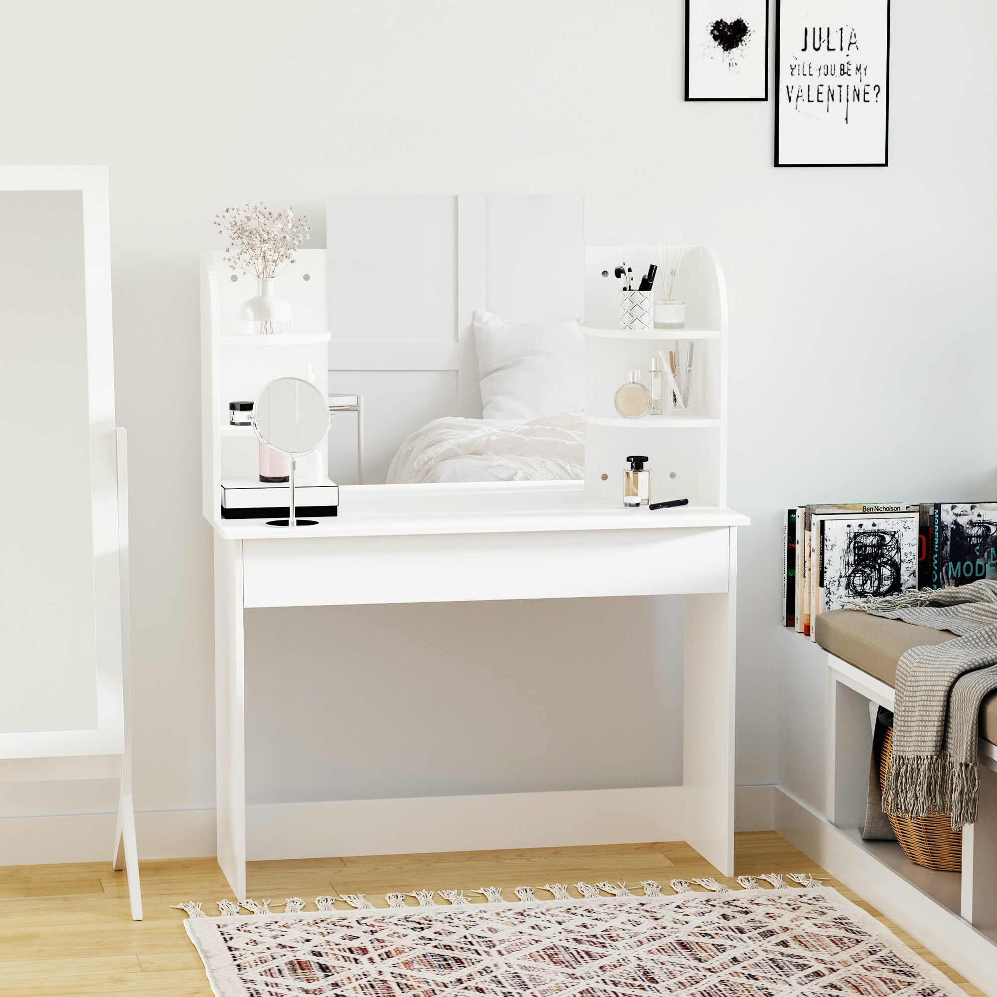 Vanity Table Wood Dressing Table w/ Makeup Mirror, Big Drawers, Open Shelf for Bedroom White Dressing & Vanity Tables   at Gallery Canada