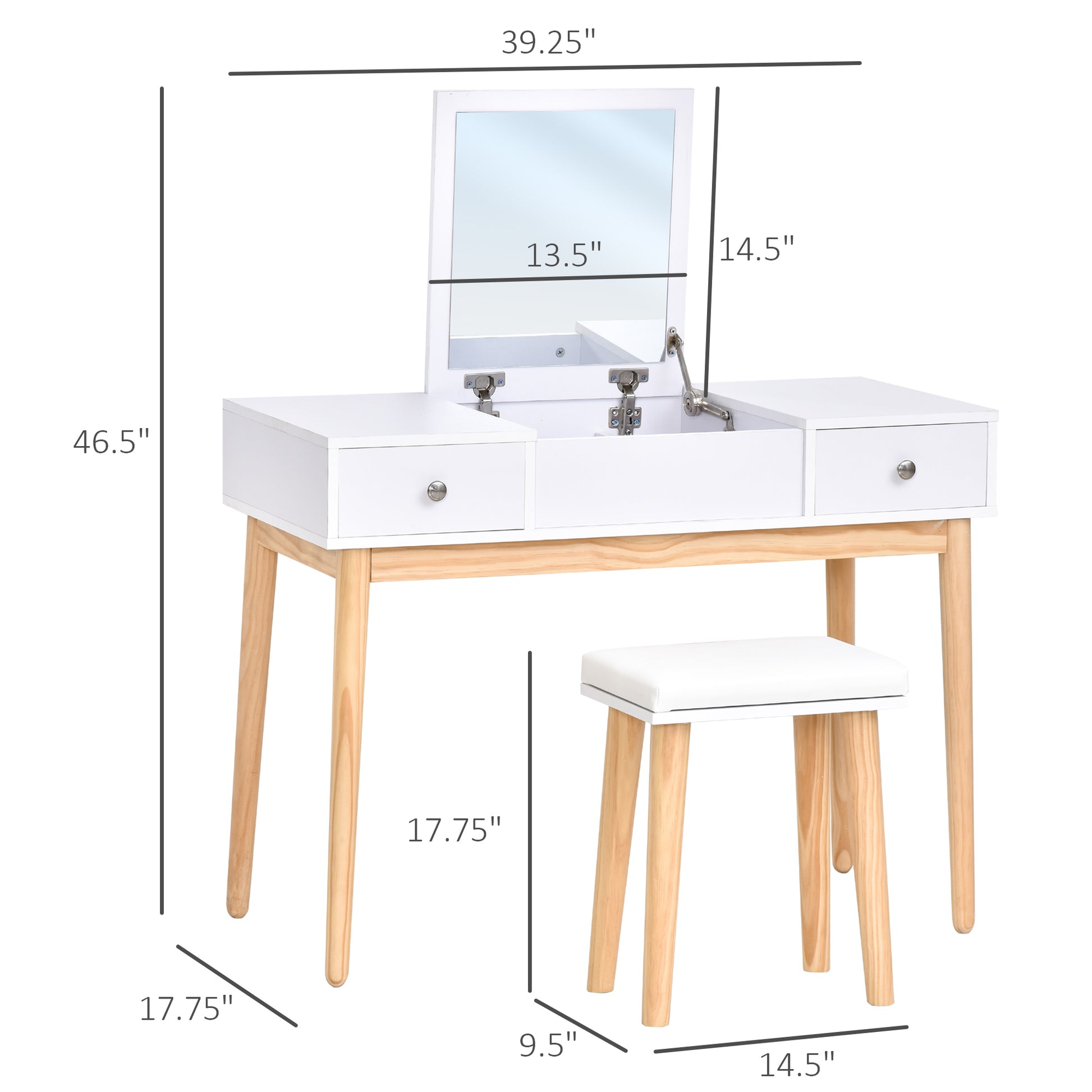 Flip Top Mirror Vanity Set with Cushioned Stool, 2 Drawers, Storage Grids, White Dressing & Vanity Tables   at Gallery Canada