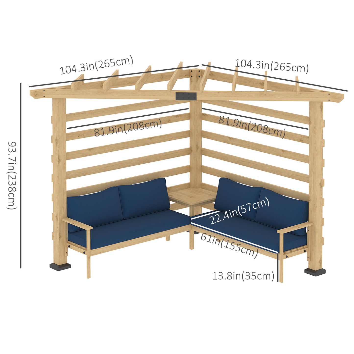 9' x 9' Corner Pergola with Conversation Set and Cushions, Fir Wood Outdoor Pergola with End Table, Natural and Blue Pergolas   at Gallery Canada