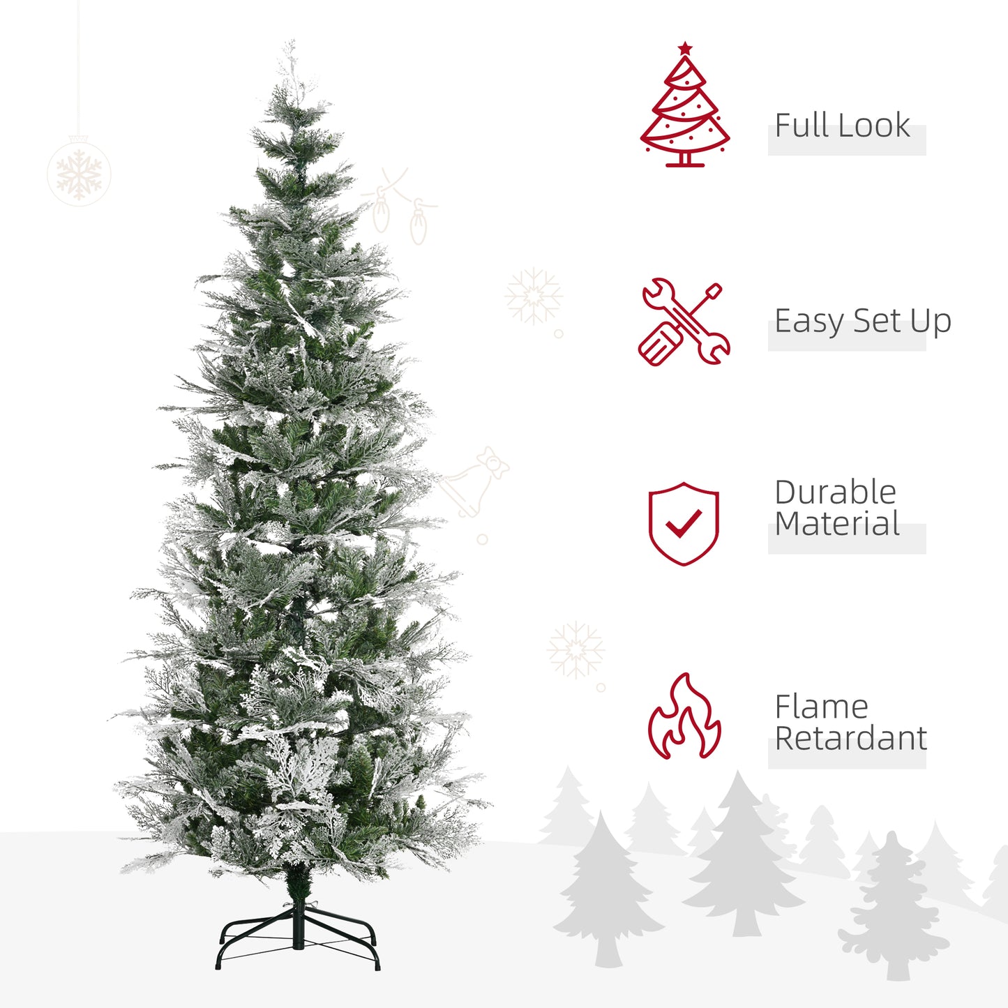 7.5 Feet Pencil Snow Flocked Artificial Christmas Tree with 880 Realistic Cypress Branches, Auto Open, Green Pencil Christmas Trees   at Gallery Canada