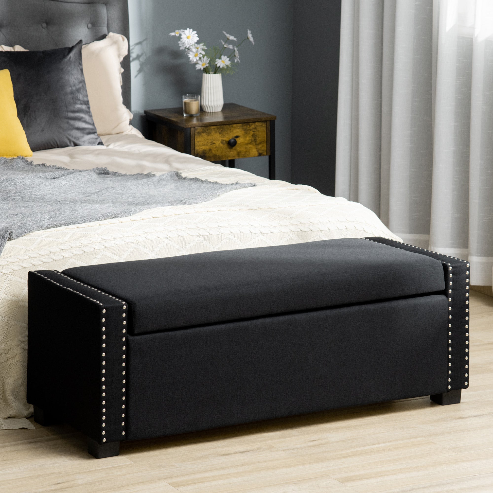 Upholstered Flip Top Storage Bench Fabric Ottoman for Bedroom, Living room, Dark Grey Storage Ottomans & Benches   at Gallery Canada