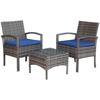 3 Pieces Rattan Wicker Coffee Set Garden Chairs and Table Set Outdoor Furniture All Weather w/ Cushion Blue Bistro Sets Blue  at Gallery Canada