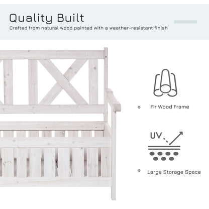 Wooden Outdoor Storage Bench 2-Person Patio Bench with Louvered Side Panels and X-Shape Back for Garden, Patio, White Patio Chairs   at Gallery Canada