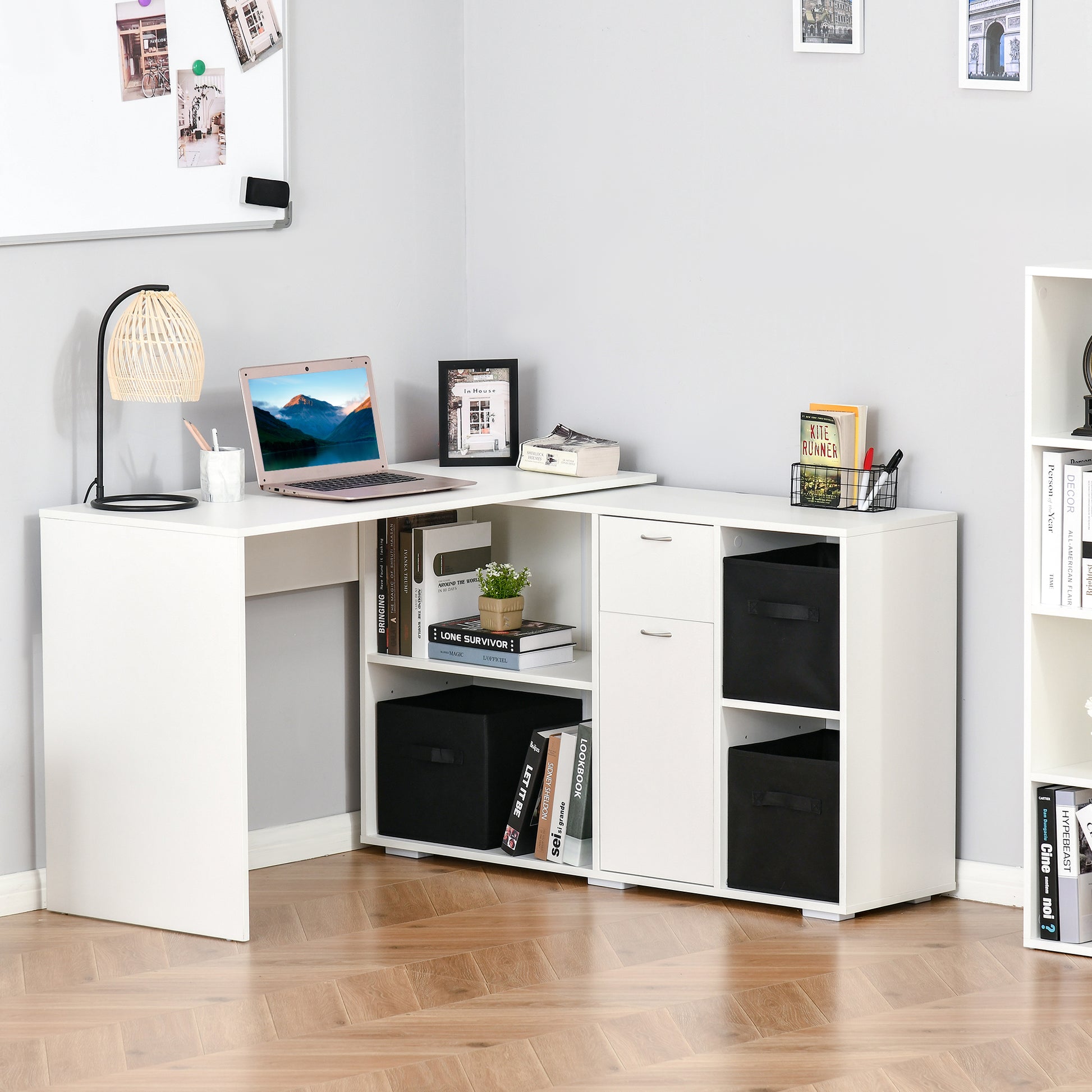 Convertible L-Shaped Computer Desk, Corner Table wth 3 Fabric Storage Boxes, Retractable Home Office Desk, White Writing Desks   at Gallery Canada